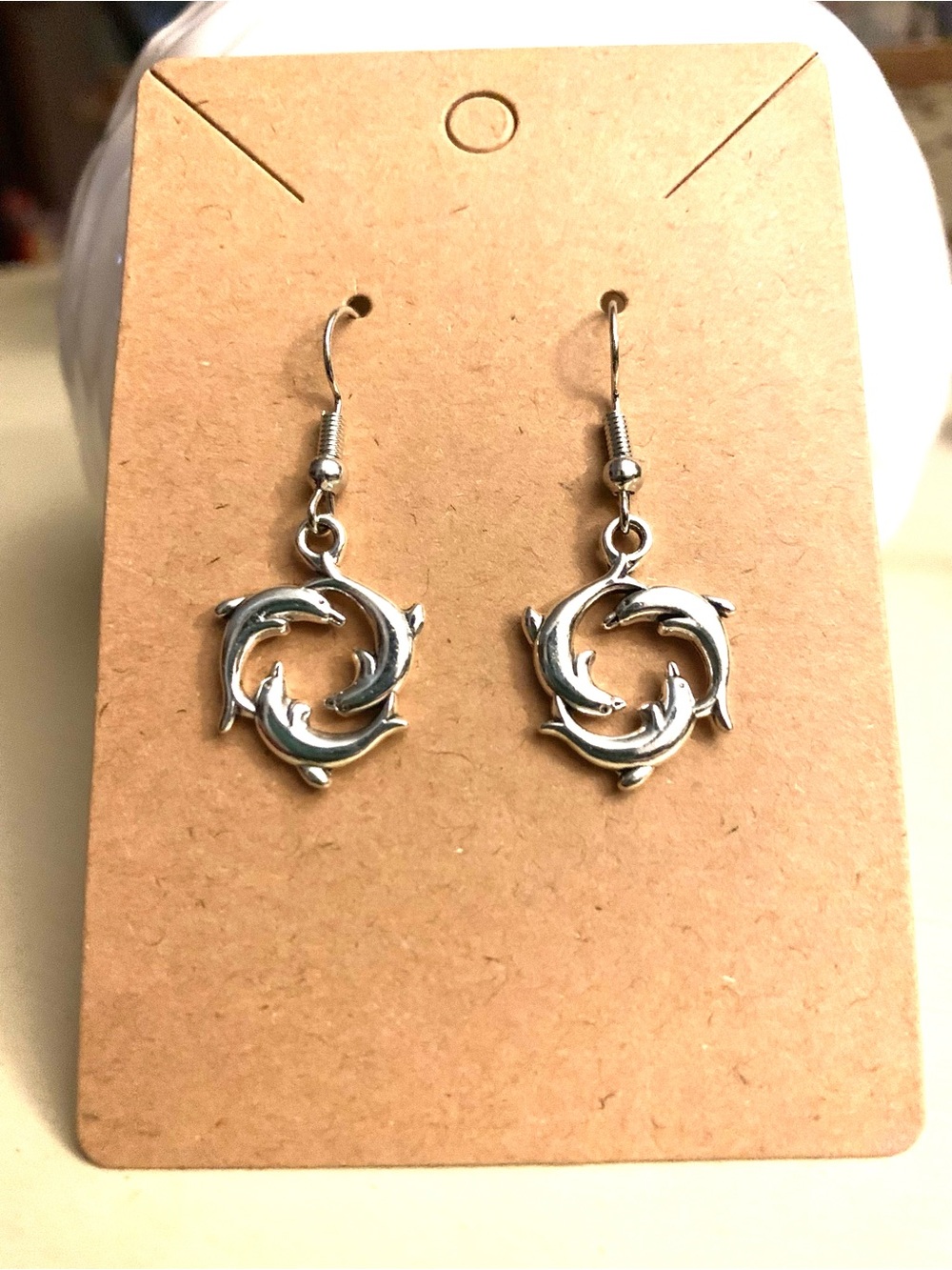 Silver Dolphin Circle Drop Earrings - Women Jewelry - Picture 2 of 2